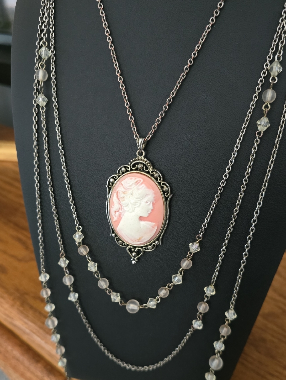 Pink Cameo Pendant Necklace with Ornate Silver Frame - Women Jewelry